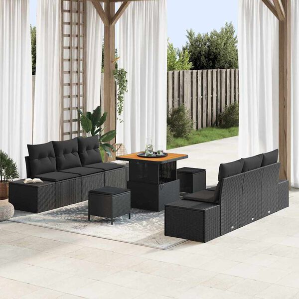 vidaXL Conjunto de Sof&aacute; de Jardim 9 pcs Preto Rattan Sint&eacute;tico
