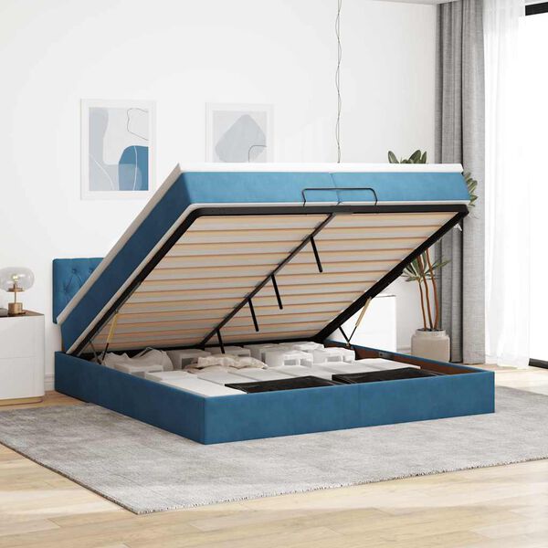 vidaXL Estrutura de cama otomana com colch&atilde;o 200x200 cm azul escuro