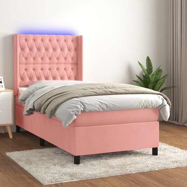 vidaXL Cama box spring c/ colch&atilde;o/LED 100x200 cm veludo rosa