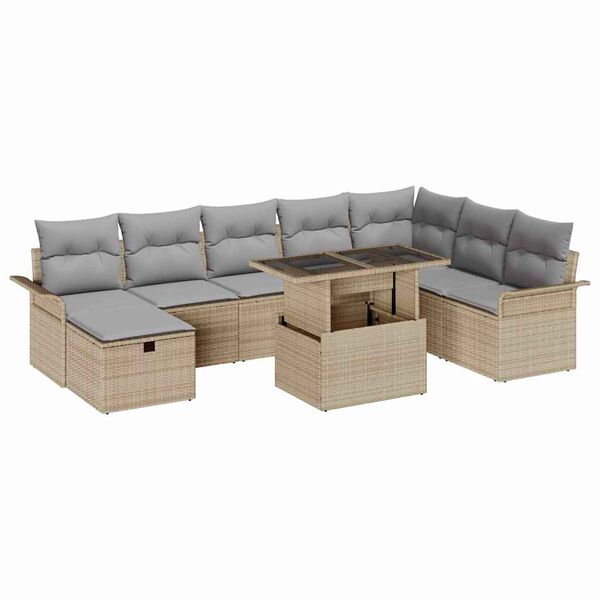 vidaXL Conjunto de Sof&aacute; de Jardim 9 pcs Bege Rattan Sint&eacute;tico