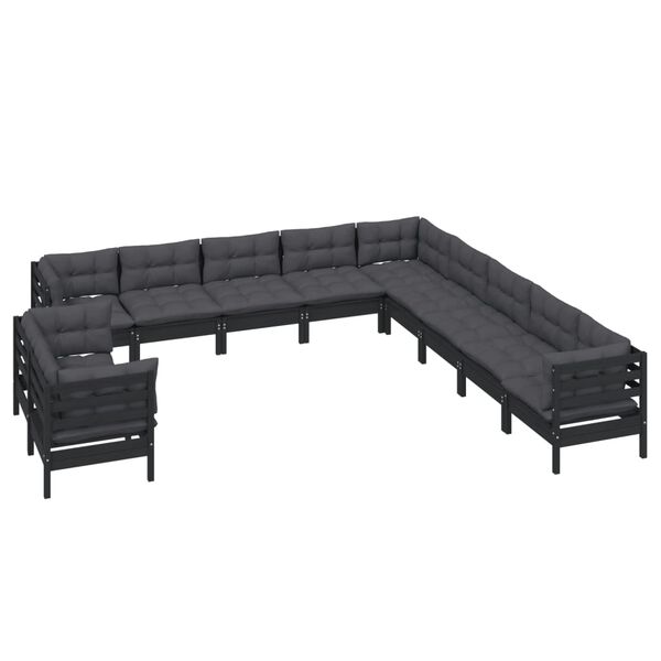 vidaXL 11 pcs conjunto lounge jardim c/ almofad&otilde;es pinho maci&ccedil;o preto