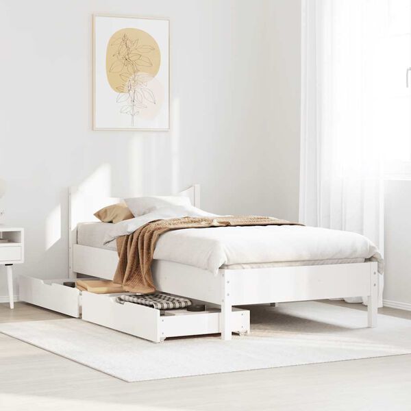 vidaXL Estrutura de cama c/ gavetas 90x200 cm pinho maci&ccedil;o branco