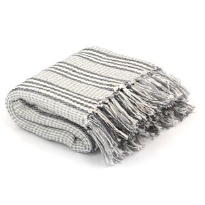 vidaXL Manta em algod&atilde;o &agrave;s riscas 220x250 cm cinzento e branco