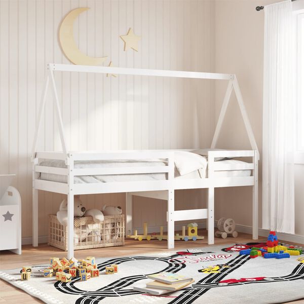 vidaXL Cama alta com telhado 90x200 cm pinho maciço branco