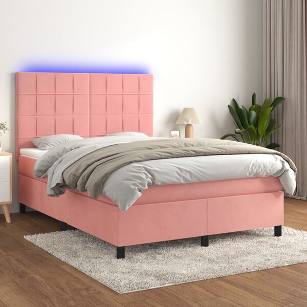 vidaXL Cama box spring c/ colch&atilde;o/LED 140x190 cm veludo rosa