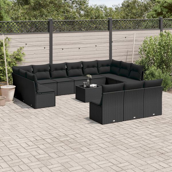 vidaXL 14 pcs conjunto de sofás p/ jardim c/ almofadões vime PE preto
