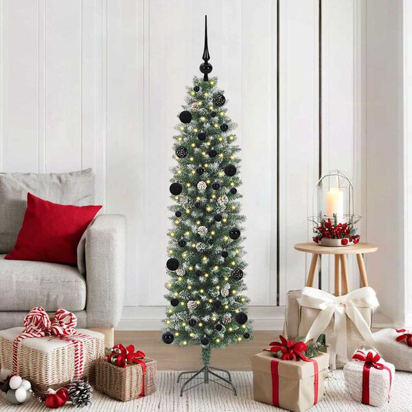 vidaXL Árvore Slim de Natal Artificial Verde e branco 150 cm