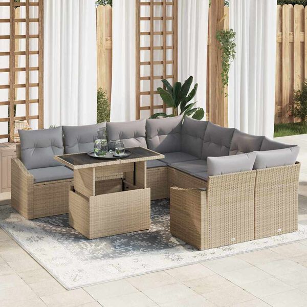 vidaXL Conjunto de Sof&aacute; de Jardim 9 pcs Bege Rattan Sint&eacute;tico