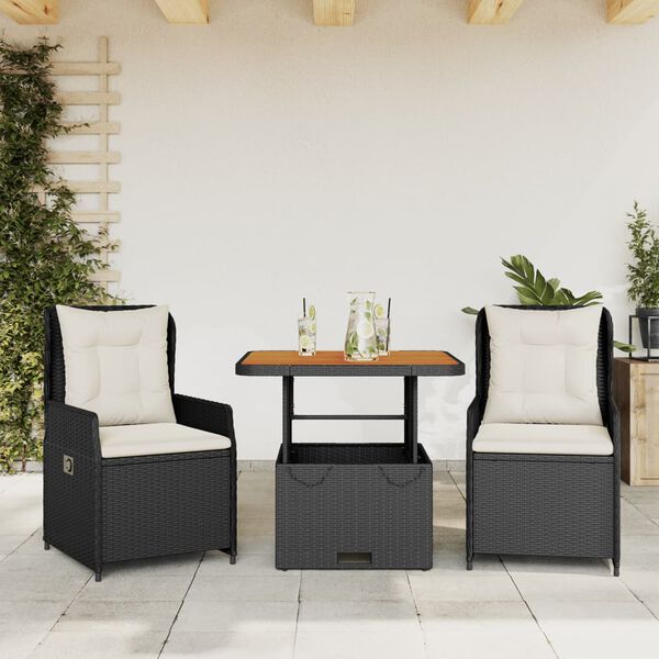 vidaXL 3 pcs conjunto de bistr&ocirc; com almofad&otilde;es vime PE preto