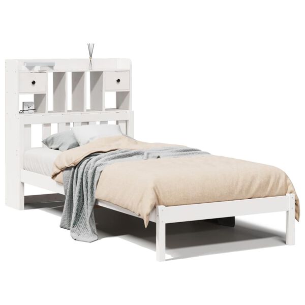 vidaXL Cama com estante sem colch&atilde;o 90x200 cm pinho maci&ccedil;o branco