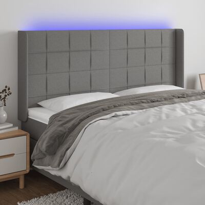 vidaXL Cabeceira de cama c/ LED tecido 163x16x118/128 cm cinza-escuro