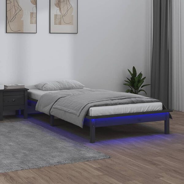 vidaXL Estrutura cama c/ LED solteiro 75x190cm madeira maci&ccedil;a cinzento