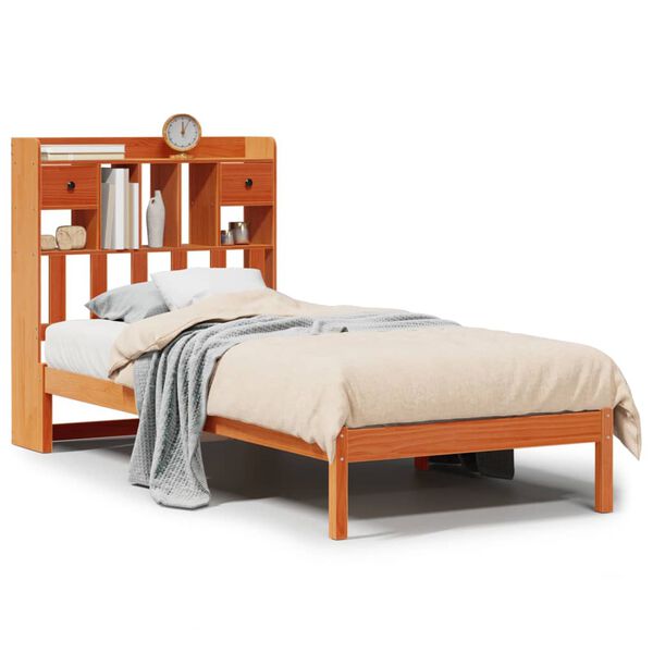 vidaXL Cama com estante sem colch&atilde;o 75x190cm pinho maci&ccedil;o castanho-mel