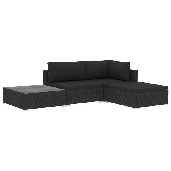 vidaXL 4 pcs conjunto lounge de jardim c/ almofad&otilde;es vime PE preto