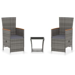 vidaXL 3 pcs conjunto lounge de jardim c/ almofad&otilde;es vime PE cinzento