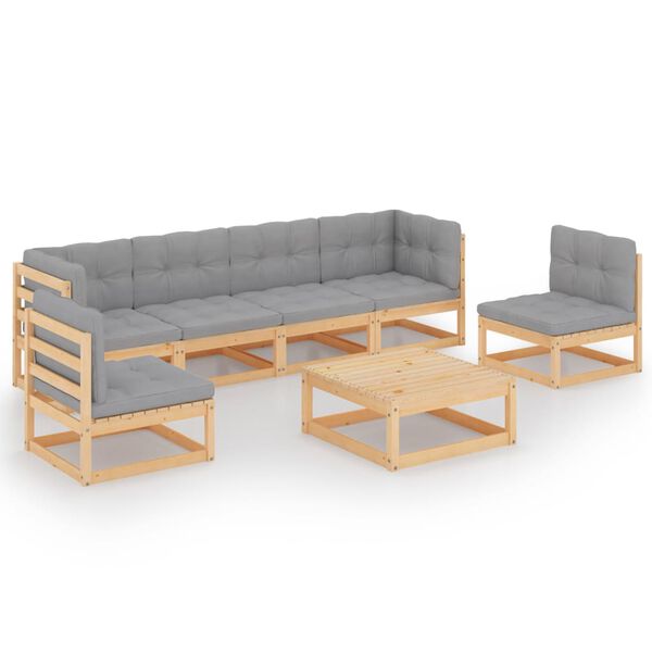 vidaXL 7 pcs conjunto lounge de jardim c/ almofad&otilde;es pinho maci&ccedil;o