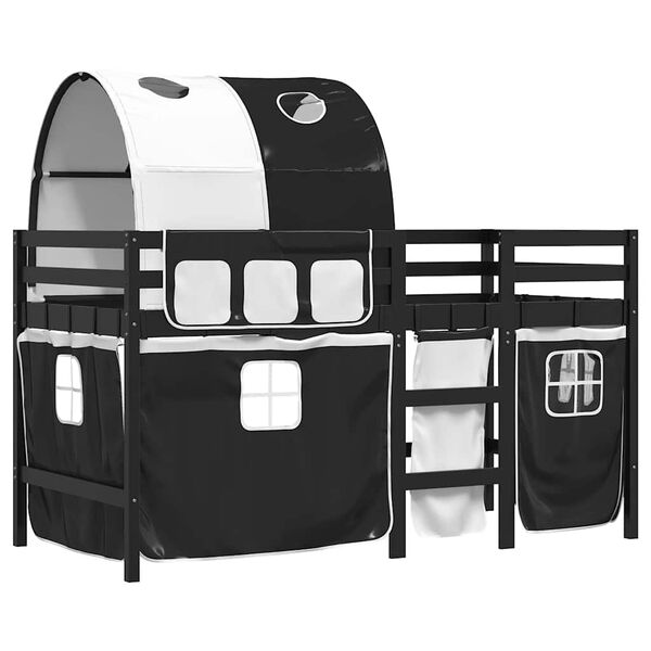 vidaXL Cama alta criança c/ túnel 90x200 cm pinho maciço branco/preto
