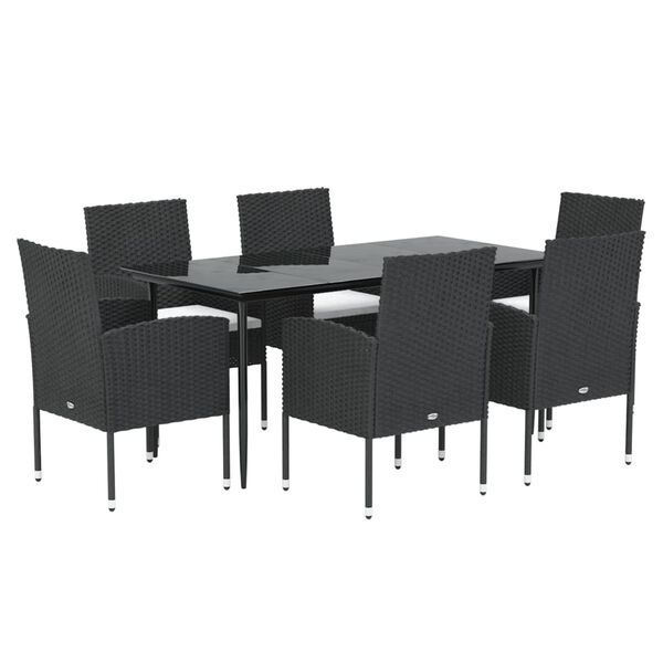 vidaXL 7 pcs conjunto de jantar p/ jardim c/ almofad&otilde;es vime PE preto