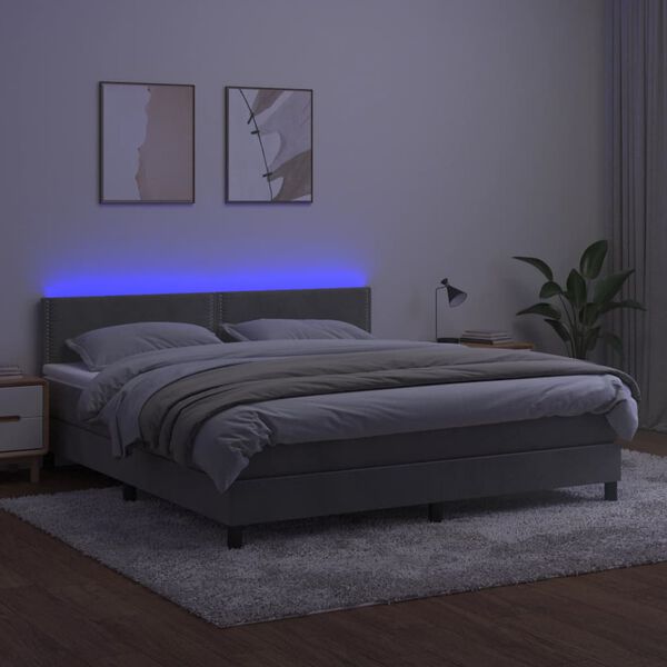 vidaXL Cama box spring c/ colch&atilde;o/LED 180x200 cm veludo cinzento-claro