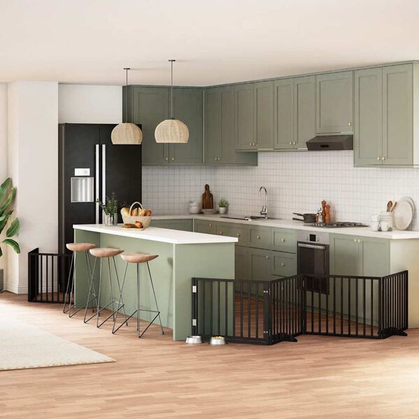 vidaXL Port&atilde;o p/ c&atilde;es com porta dobr&aacute;vel 8 pain&eacute;is 640 cm &aacute;lamo preto