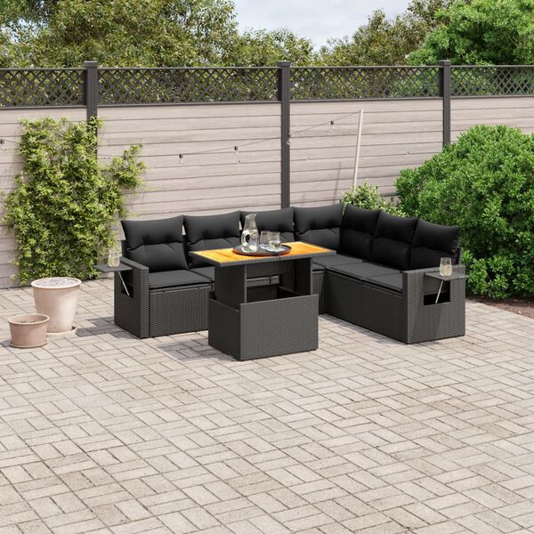 vidaXL 7 pcs conjunto de sof&aacute;s p/ jardim c/ almofad&otilde;es vime PE preto