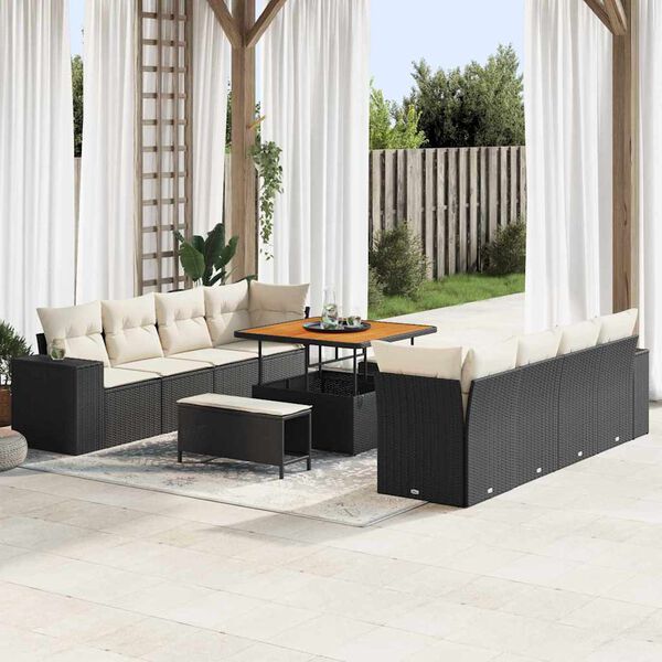 vidaXL Conjunto de Sof&aacute; de Jardim 11 pcs Preto e Creme vime PE