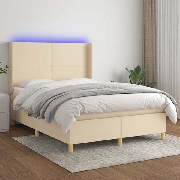 vidaXL Cama box spring c/ colch&atilde;o e LED 140x190 cm tecido cor creme