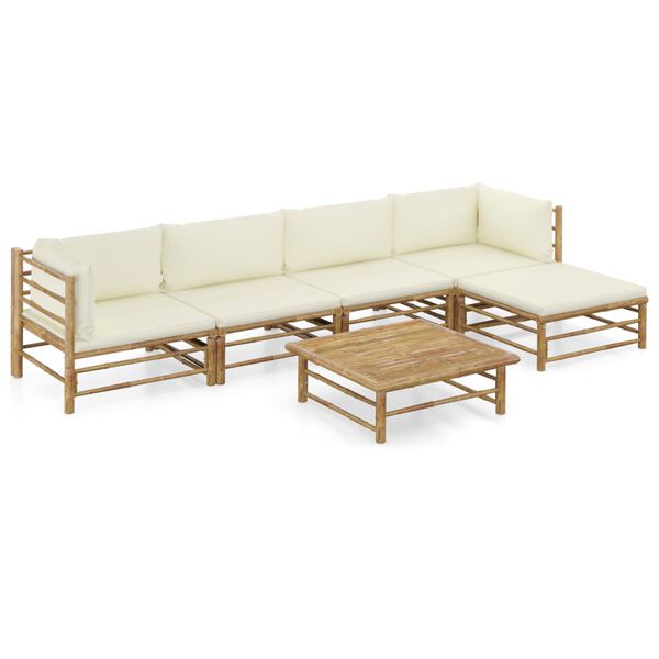 vidaXL 6 pcs conj. lounge p/ jardim em bambu c/ almofadões branco nata