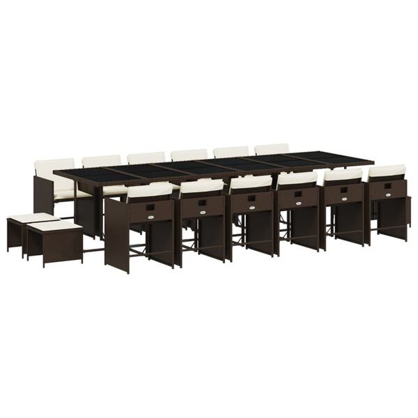 vidaXL 17 pcs conjunto jantar p/ jardim c/ almofad&otilde;es vime PE castanho