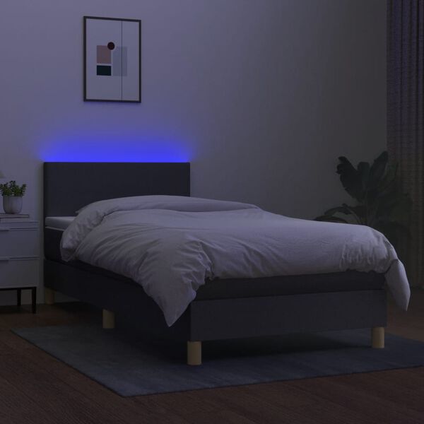 vidaXL Cama box spring c/ colch&atilde;o e LED 100x200 cm tecido cinza-escuro