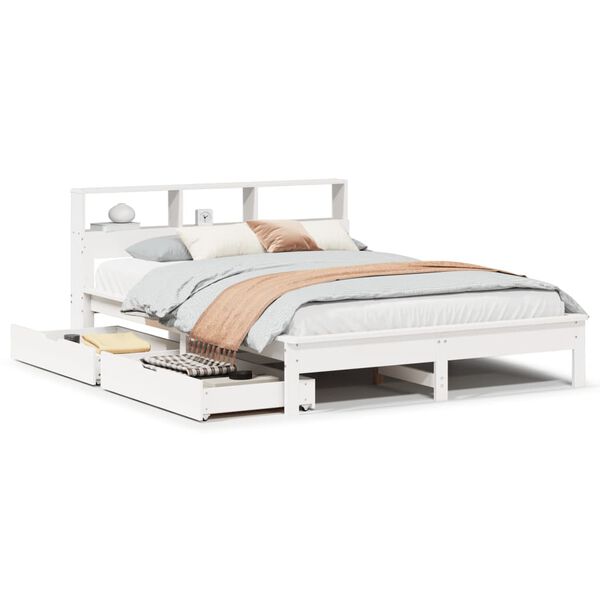 vidaXL Cama com estante sem colch&atilde;o 140x200 cm pinho maci&ccedil;o branco