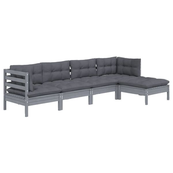 vidaXL 5 pcs conjunto lounge de jardim c/ almofad&otilde;es pinho cinza