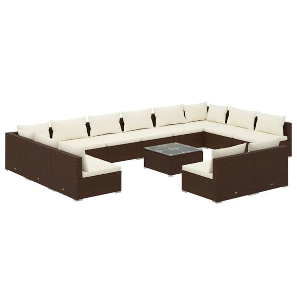 vidaXL 13 pcs conjunto lounge de jardim c/ almofad&otilde;es vime PE castanho