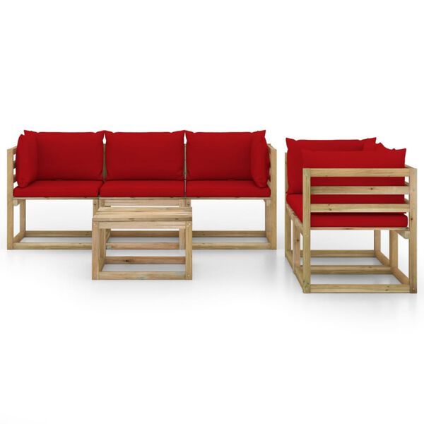 vidaXL 6 pcs conjunto lounge de jardim c/ almofad&otilde;es vermelhos
