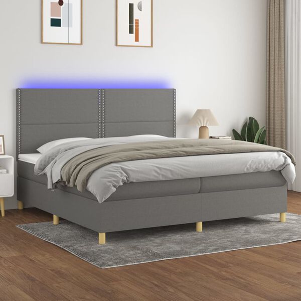vidaXL Cama box spring c/ colch&atilde;o e LED 200x200 cm tecido cinza-escuro