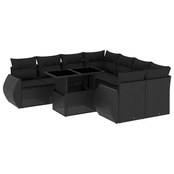 vidaXL 9 pcs conjunto de sof&aacute;s p/ jardim c/ almofad&otilde;es vime PE preto