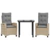 vidaXL 3 pcs conj. jantar jardim c/ almofad&otilde;es vime PE bege misturado