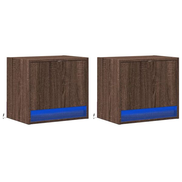 vidaXL Mesas cabeceira de parede c/ luzes LED 2 pcs carvalho castanho