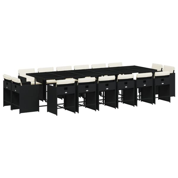 vidaXL 17 pcs conjunto de jantar p/ jardim c/ almofad&otilde;es vime PE preto