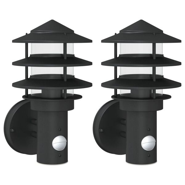 vidaXL Candeeiros parede p/ exterior c/ sensor 2 pcs a&ccedil;o inox. preto