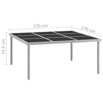 vidaXL Mesa de jantar para jardim 170x170x74,5 cm vidro e aço
