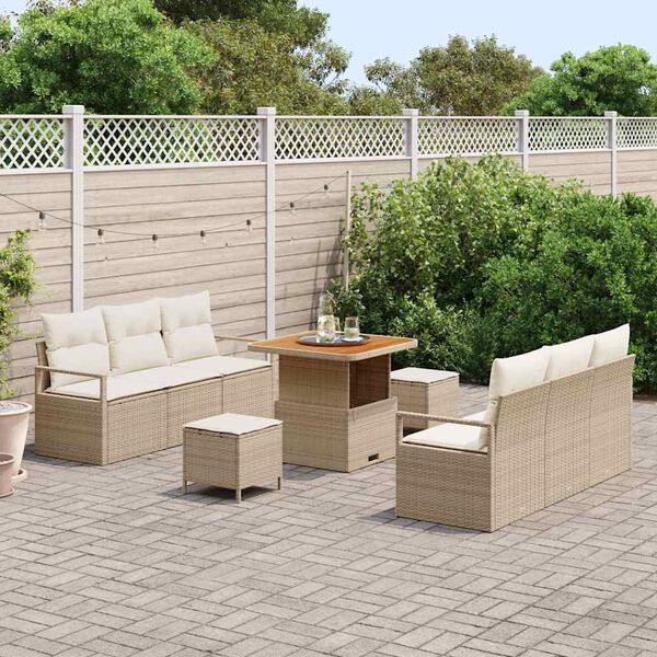 vidaXL Conjunto de Sof&aacute; de Jardim com almofada 9 pcs Bege vime PE