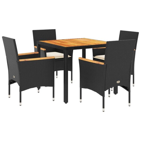 vidaXL 5 pcs conjunto jantar jardim c/ almofad&otilde;es vime PE/ac&aacute;cia preto