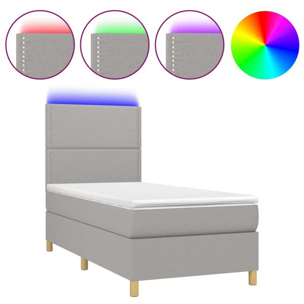 vidaXL Cama box spring c/ colch&atilde;o e LED 90x200 cm tecido cinza-claro