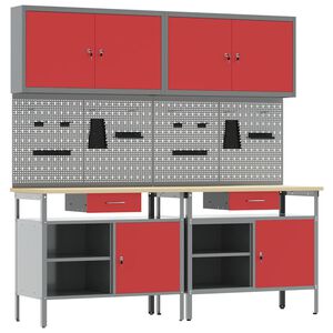 vidaXL Conjunto de bancada de trabalho 8 unid. Vermelho e Cinza