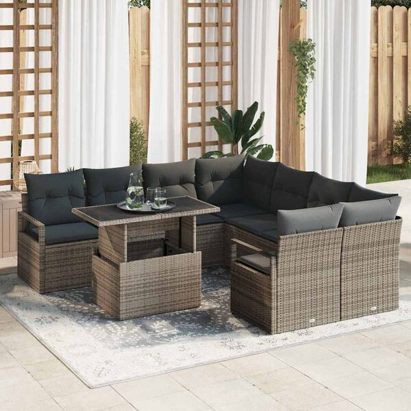 vidaXL Conjunto de Sof&aacute; de Jardim 9 pcs Cinzeto Rattan Sint&eacute;tico