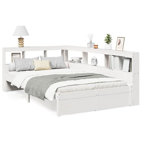 vidaXL Cama com estante sem colch&atilde;o 120x200 cm pinho maci&ccedil;o branco