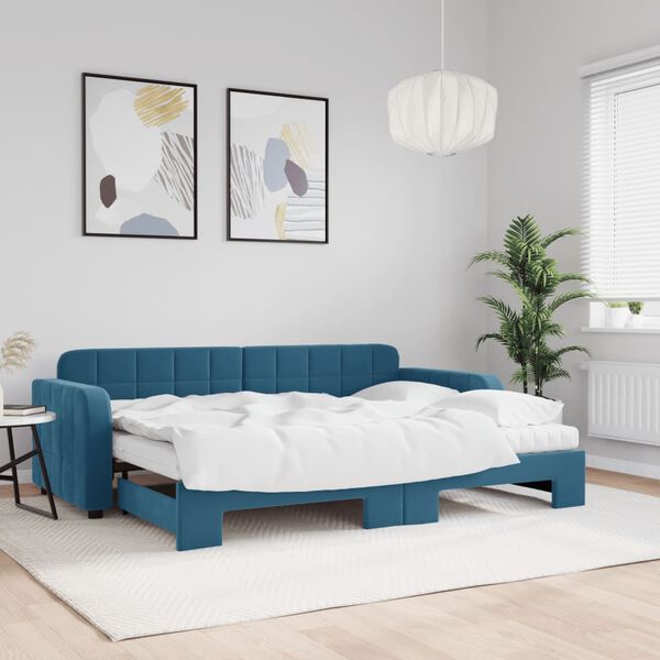 vidaXL Sofá-cama com gavetão e colchões 80x200 cm veludo azul