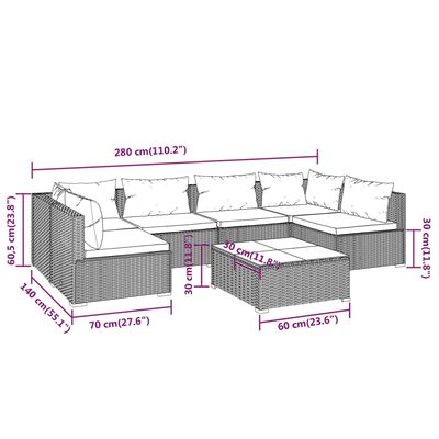 vidaXL 7 pcs conjunto lounge de jardim c/ almofadões vime PE cinzento