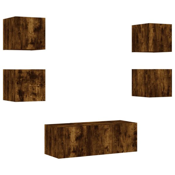vidaXL 6pcs m&oacute;veis parede p/ TV c/ LEDs deriv. madeira carvalho fumado